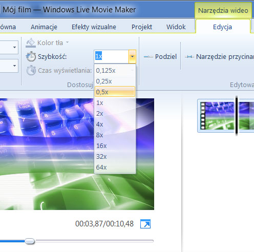 windows live movie maker - szybkość odtwarzania wideo